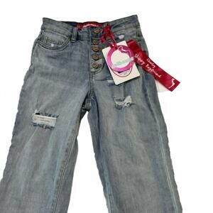 NEW DOLLHOUSE women's roll-cuff button-fly distressed boyfriend jeans in blue de